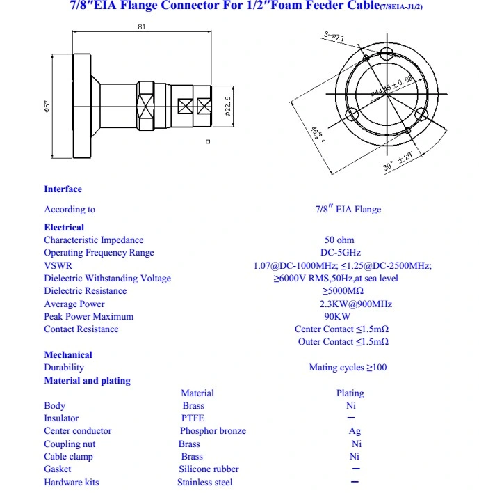 Antenna Wire Electrical Waterproof RF Coaxial 7/8&quot; Eia Flange Connector for 1/2&quot; Feeder Cable Ldf4-50A Cable